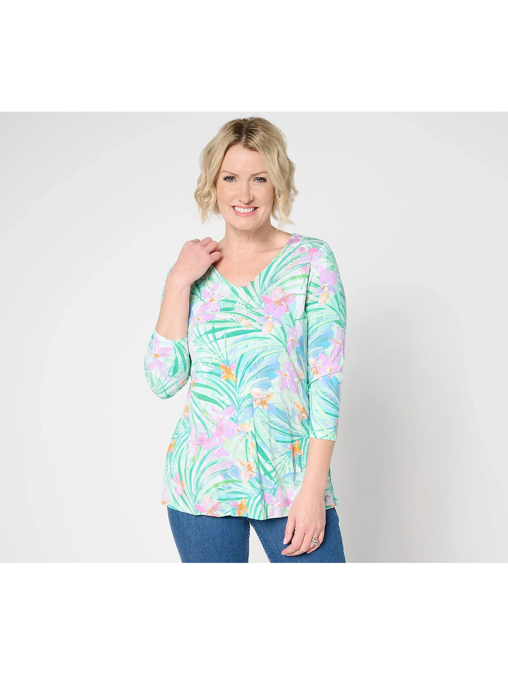 Quacker Factory Fantasia Printed V-Neck 3/4 Sleeve Top Lime Multi, Size Large